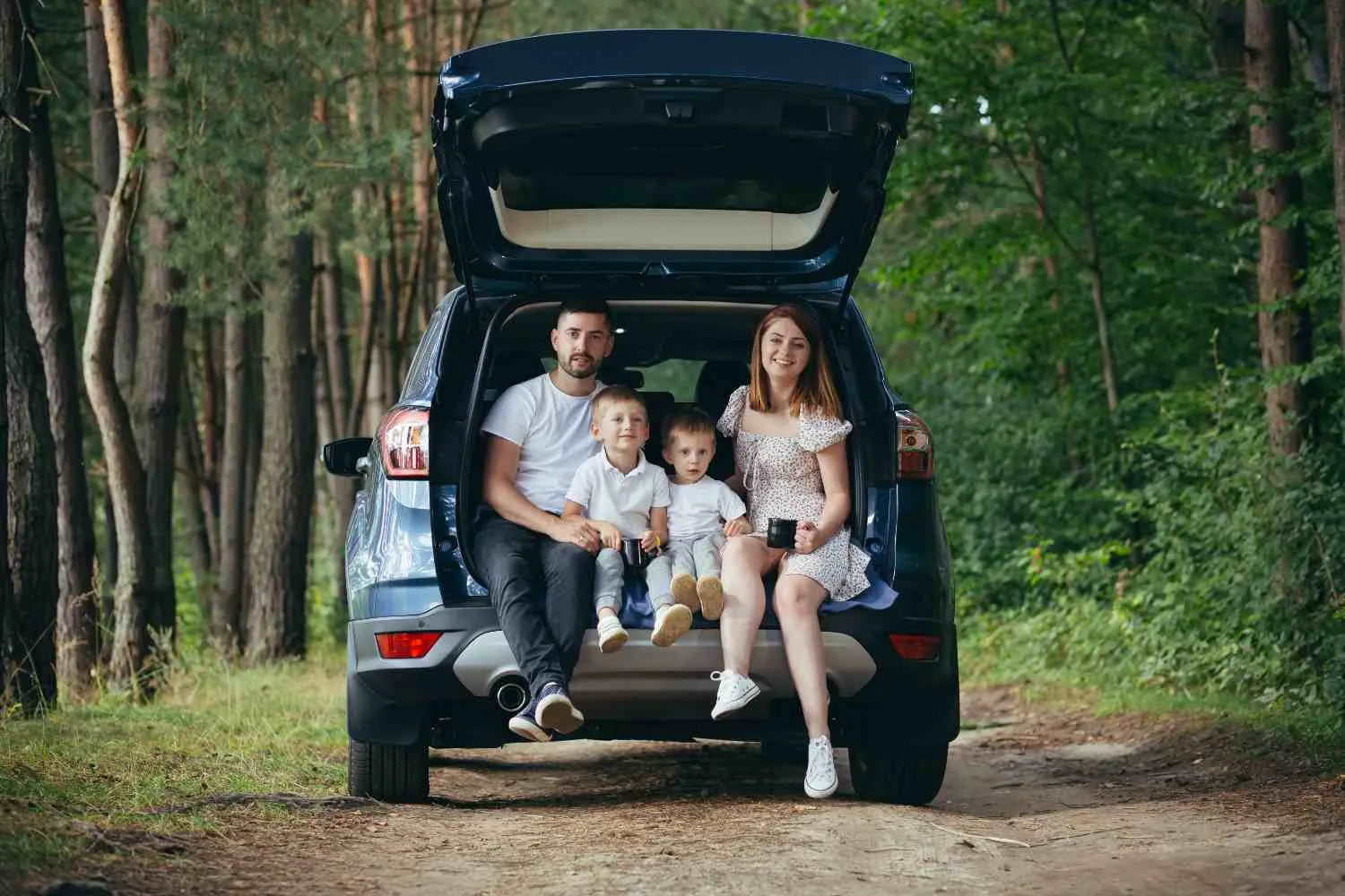 A family sitting together in the open tailgate of their parked car